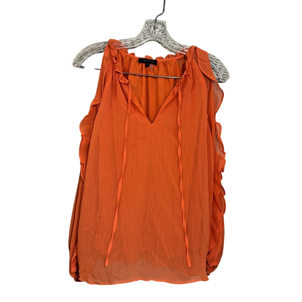 1.STATE Orange Cold Shoulder Ruffle V-Neck Blouse Size‎ S Tie Neck Chiffon Top